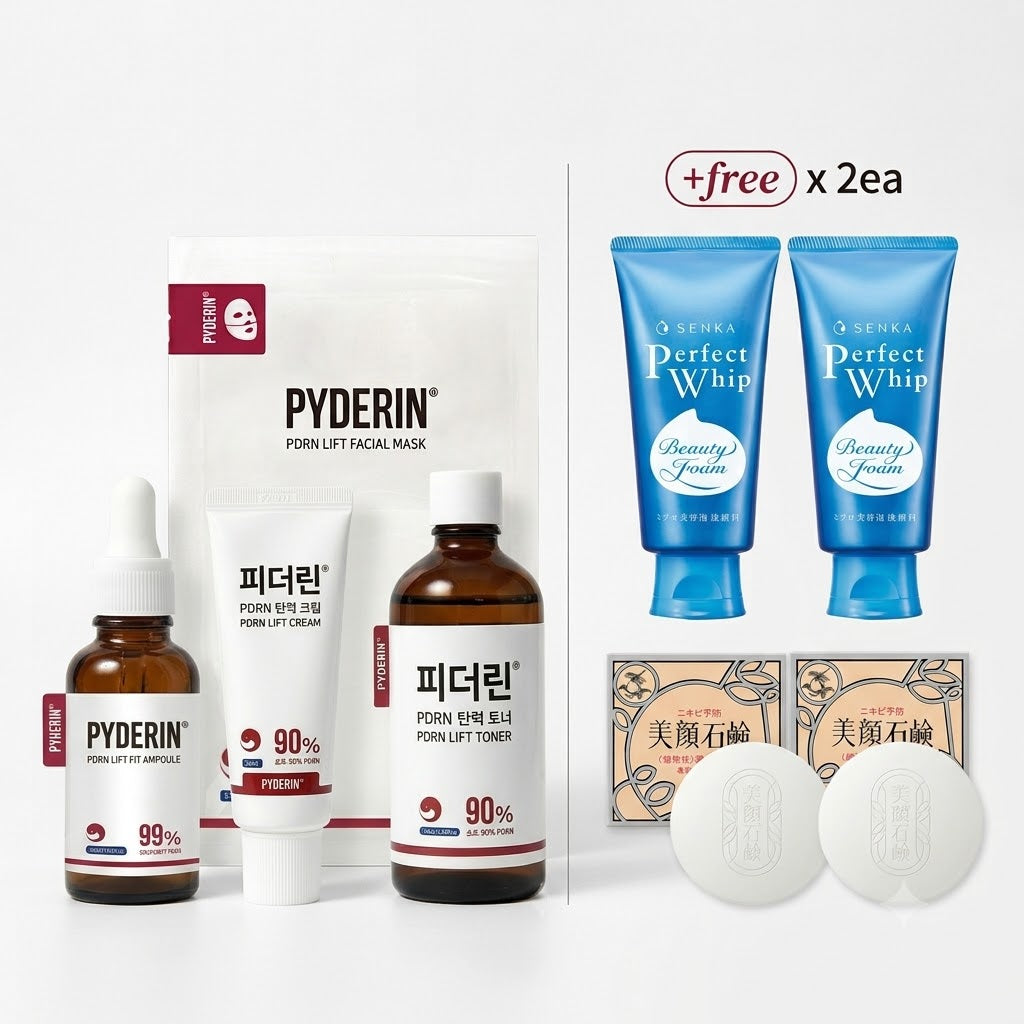 PYDERIN Medi-Spa 4-Step Water-Glow Anti-Aging Routine Set (Toner+Ampoule+Cream+Mask) + [Free Meishoku Soaps & SENKA Foam]