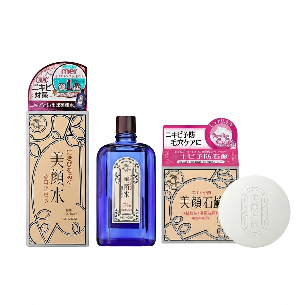 [Value Set] MEISHOKU Salicylic Acid Bigansui Lotion 90ml + BHA Facial Cleansing Soap 80g