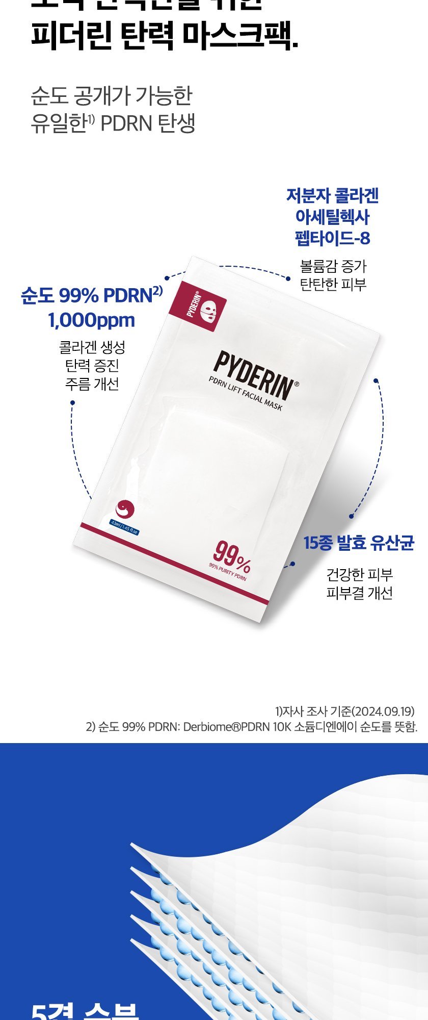 PYDERIN High Concentration PDRN Water-Glow Elasticity Anti-Aging Mask 43ml x 5pcs
